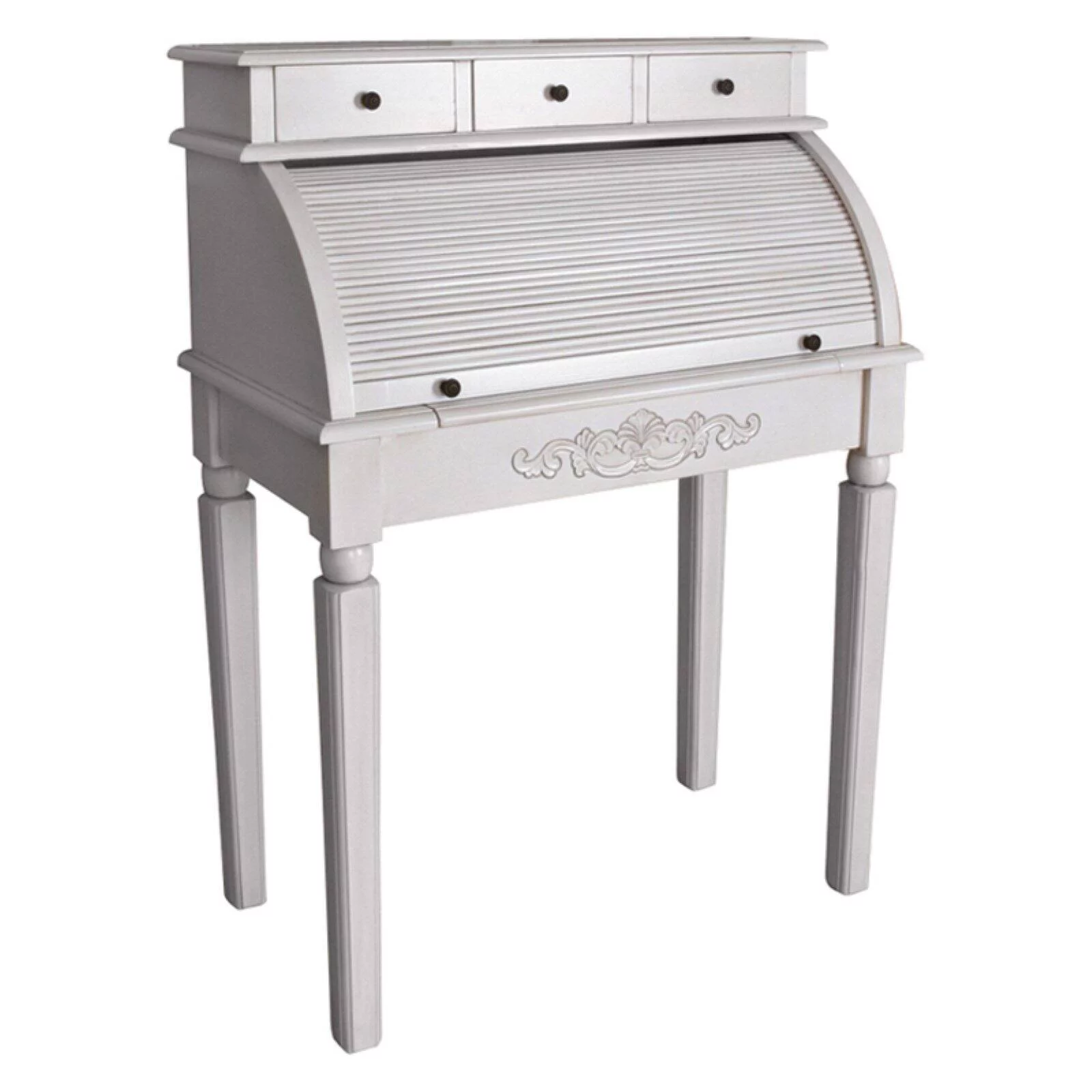 International Caravan Windsor Antique White Hand-Carved 3-Drawer Roll Top Desk