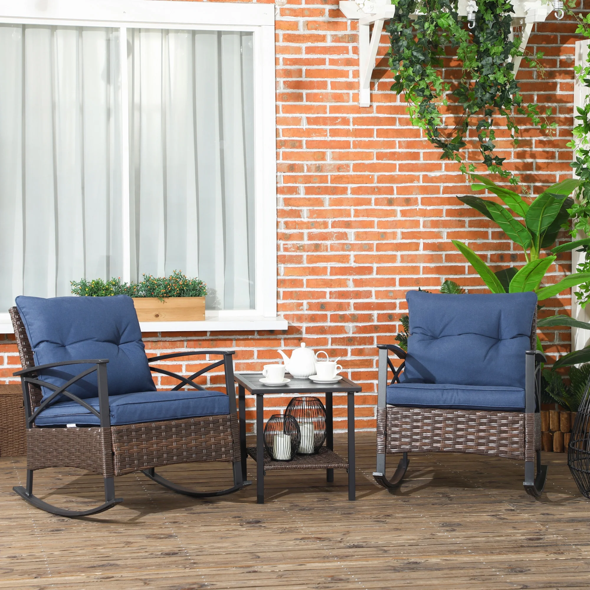 Outsunny 3pc Rocking Chair Set w/ Cushions, Wicker Bistro Set, Dark Blue