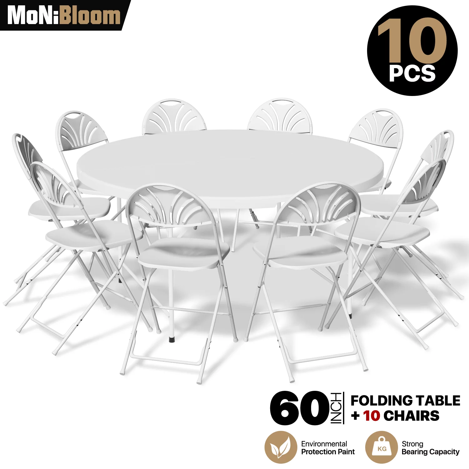 MoNiBloom 11 Pieces 5 Ft White Bi-Fold Plastic Event/Training Folding Table Set with 10 Folding Chairs, for Wedding Event