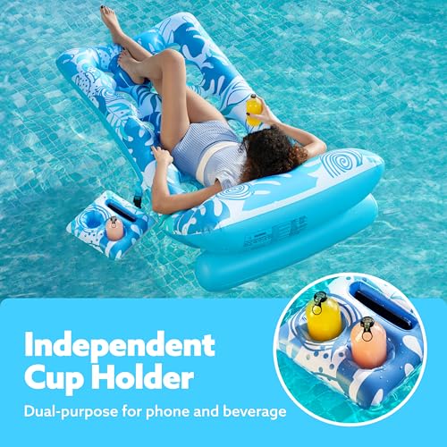 SLOOSH Adjustable Backrest Pool Floats - Tropical Leaves Pool Lounger Floaties Adults with Cup Holders, Inflatable Tanning Float Rafts Chair Beach Lake Lounge Floating Above Water Keep Cool (Blue)