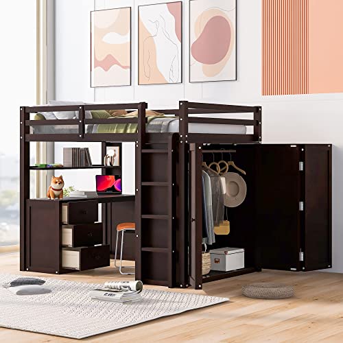 Loft Bed with Desk and Wardrobe Full Size Loft Beds Frame with Storage Drawers Cabinet Wood All in One Beds for Kids Boys Girls Teens Bedroom Dorm, White