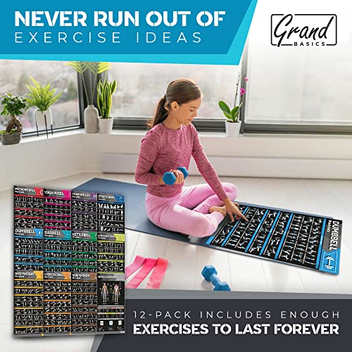 [12-PACK] Laminated Large Workout Poster Set - Perfect Workout Posters for Home Gym - Exercise Charts Incl. Dumbbell, Yoga Poses, Resistance Band, Kettlebell, Stretching & More Fitness Gym Posters