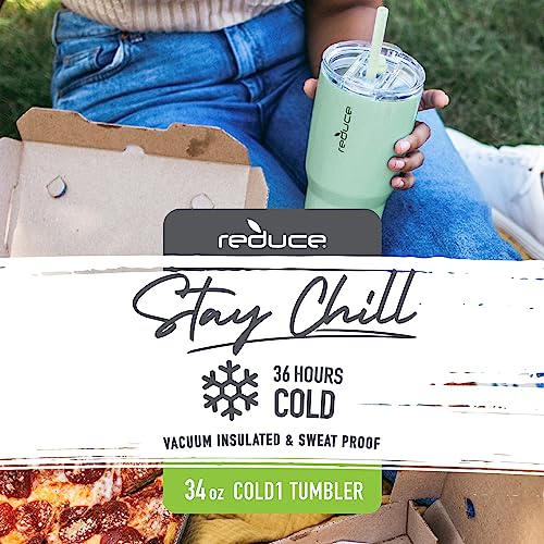 REDUCE Cold1 34 oz Tumbler with Lid and Straw- Vacuum Insulated Stainless Steel Water Bottle for Home, Office or Car; Reusable Cup with Leakproof Flip Lid, Keeps Drinks Ice Cold All Day- Matte Phantom