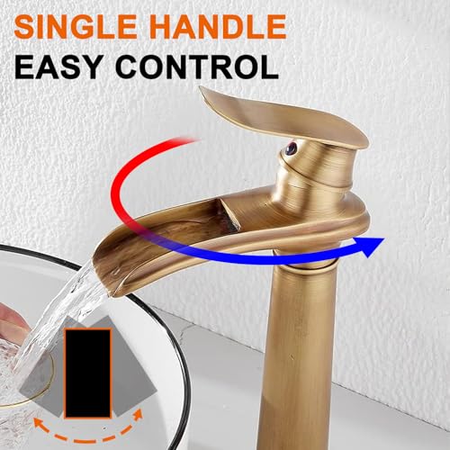 Bathroom Vessel Sink Faucet, Waterfall Oil Rubbed Bronze Bathroom Faucet, Vessel Faucet, Tall Body 1 Hole Single Handle with Pop Up Drain Combo Vanity Mixer Tap Basin Bowl Sink