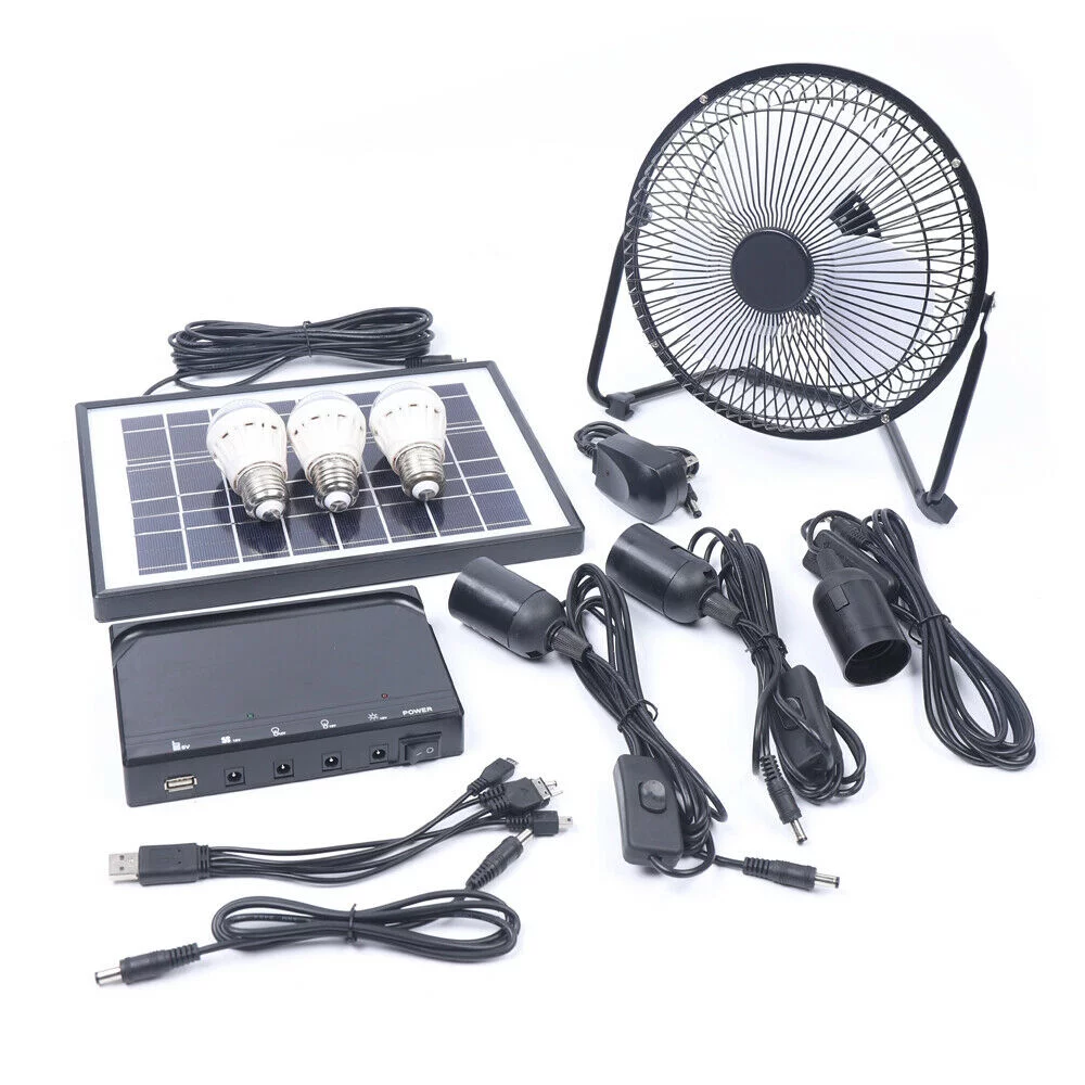 MIDUO Solar Power Energy Lighting System Kit Set W/ 3 LED Lights 1*Fan 1 Solar Panel