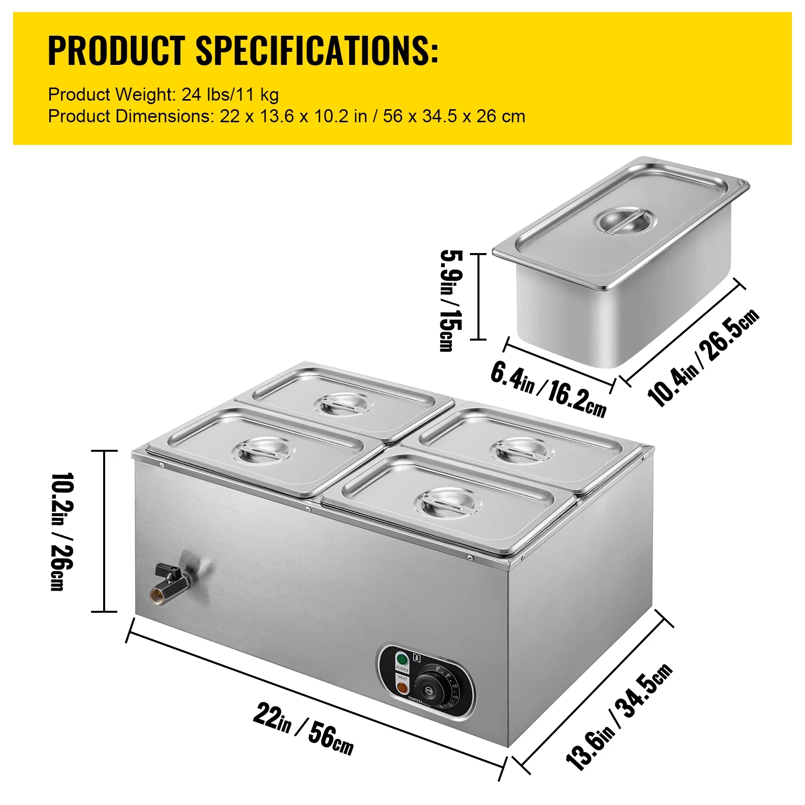 BENTISM 110V Commercial Food Warmer 4x1/4GN, 4-Pan Stainless Steel Bain Marie 24 Qt Capacity,1500W Steam Table 15cm/6inch Deep,Temp. Control 86-185℃, Electric Soup Warmer with Lids & 2 Ladles