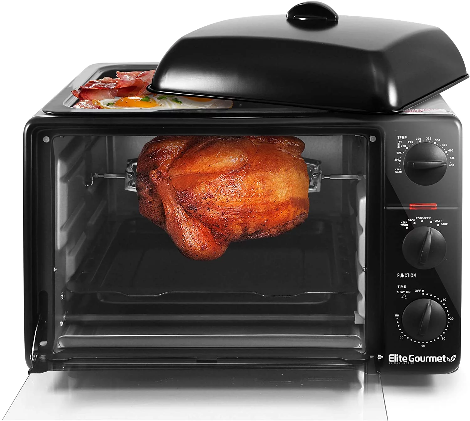 Elite Gourmet ETO-4510M French Door 47.5Qt  18-Slice Convection Oven 4-Control Knobs  Bake Broil Toast Rotisserie Keep Warm  Includes 2 x 14" Pizza Racks  Stainless Steel