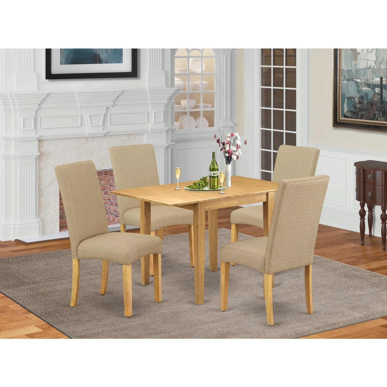 HomeStock Southwestern Sensibilities Wooden Dining Table Set 5 Pcs ? Four Kitchen Chairs And A Dining Table - Oak Finish Wood - Dark Khaki Color Linen Fabric