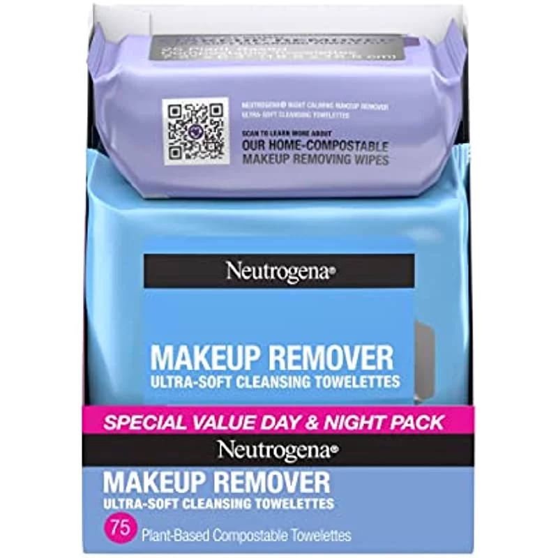 Neutrogena Day & Night Wipes, Makeup Remover Face Cleansing Towelettes & Night Calming Facial Cloths, 100% Plant Based Fibers Wipe Away Dirt, Alcohol-Free, 3 Packs of 25 ct, 75 ct