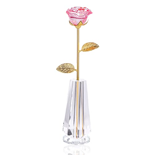 Movdyka Crystal Pink Rose Flowers Gifts for Women Mom Wife Girlfriend Glass Rose Golden Stem with Crystal Vase Figurine Collectible Decor for Home Wedding Anniversary Valentine's Day