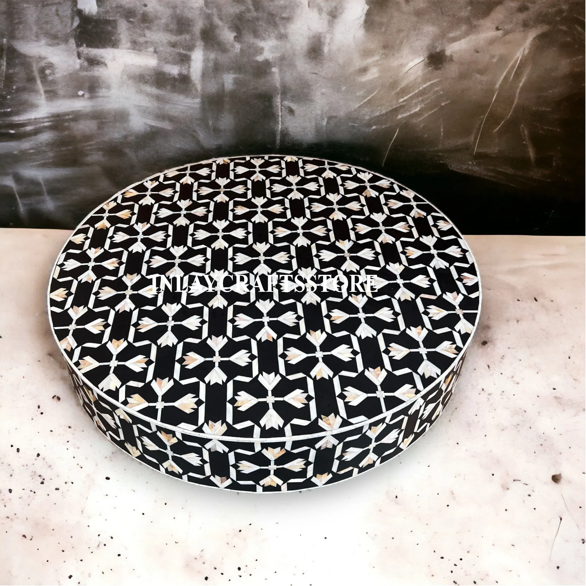 LAKECITY ARTS Mother of Pearl Lotus Design Coffee Table Black, Mother of Pearl Lotus Design Center Table Black, Mother of Pearl Round Coffee Table