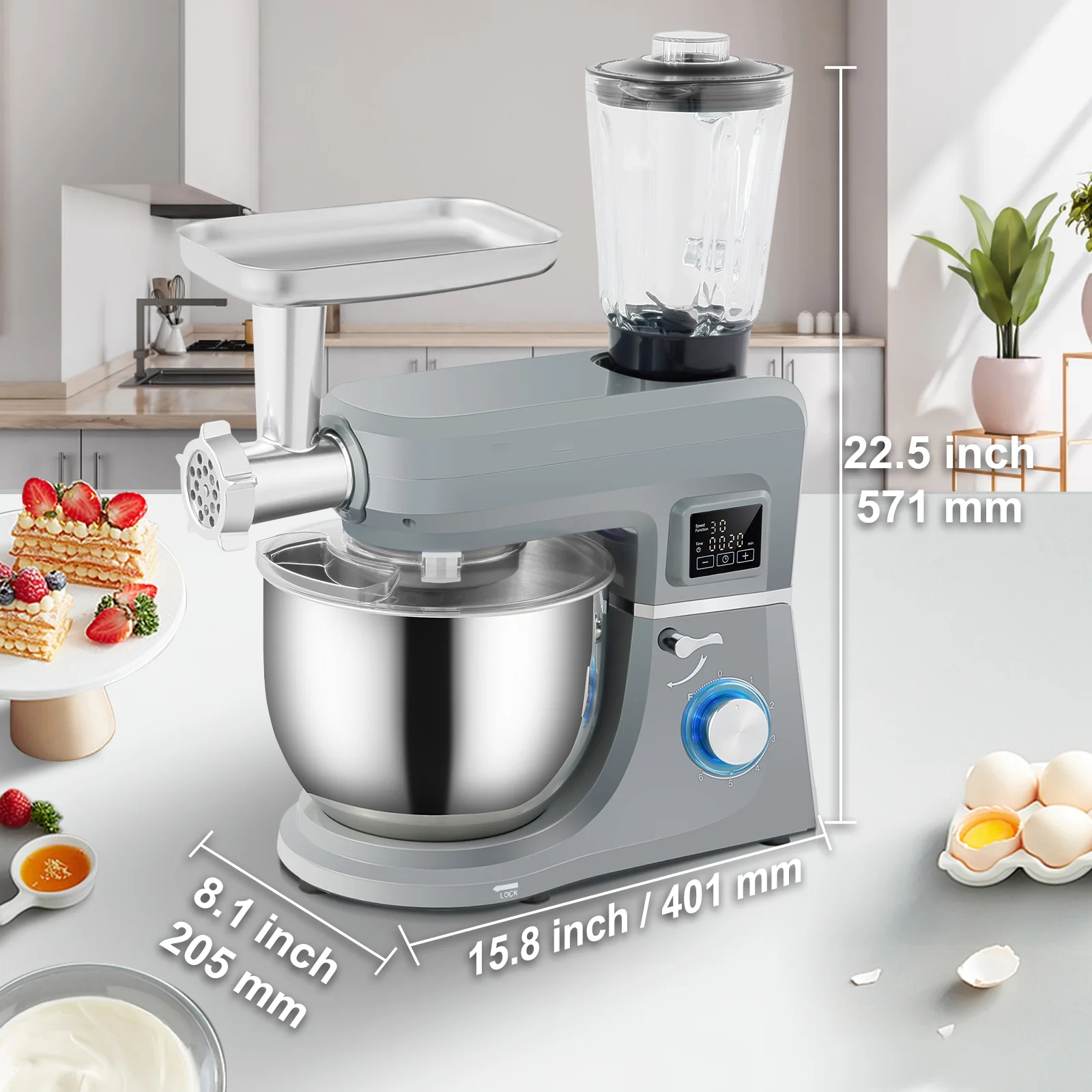 BENTISM Stand Mixer 7.4Qt LCD Screen Timing 6-Speed Dough Mixer w/ Grinder Juicer