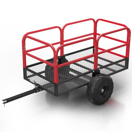 Heavy Duty ATV Trailer Dump Car, Utility Steel Yard Trailer, 1700-Pound Capacity Garden Dump Carts, Hand Pull or Foot Pedal Dump Cart for ATV, UTV, Lawn Mowers and Tractors