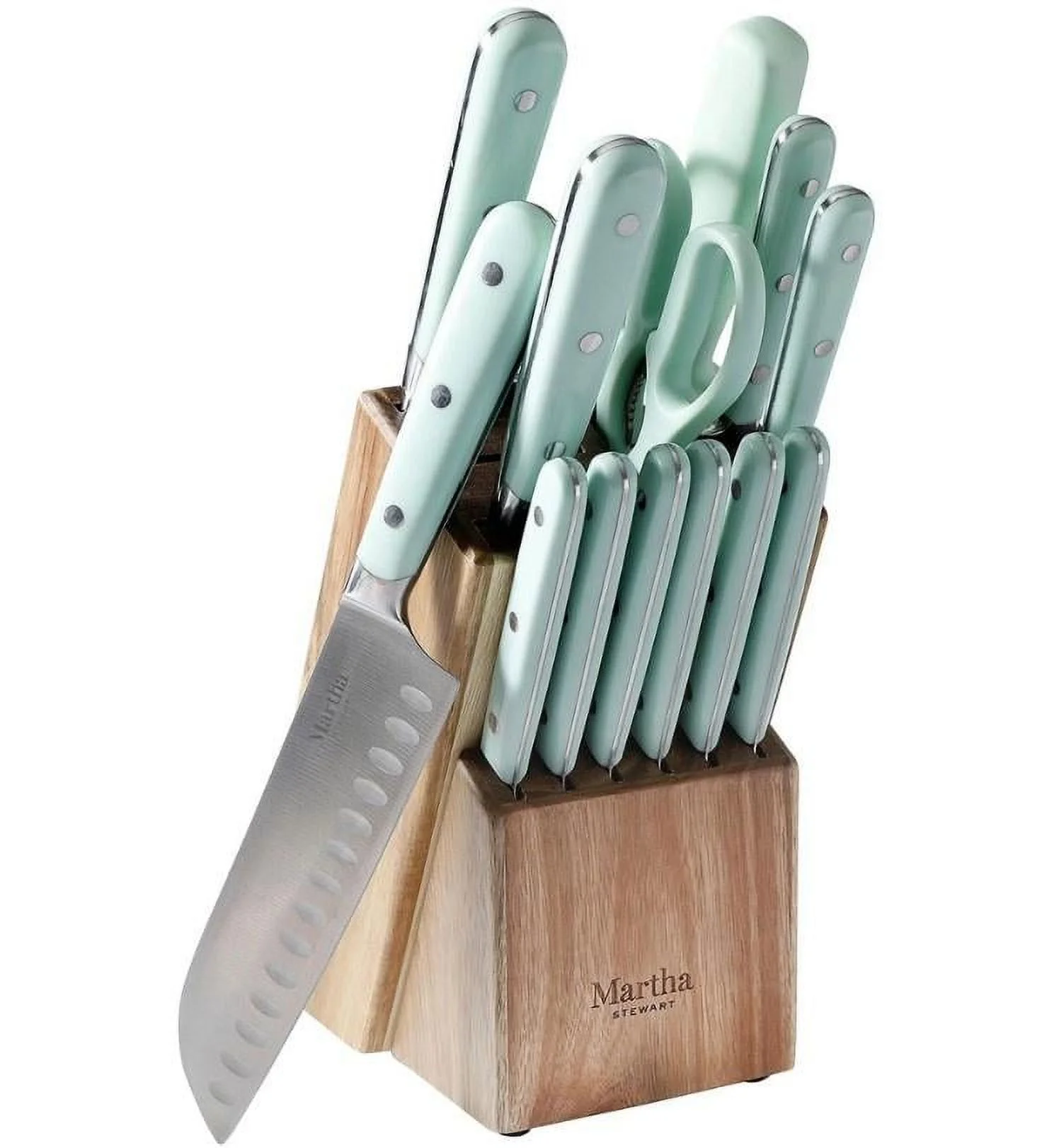 MARTHA STEWART 14-PIECE CUTLERY SET, Green with Wood Block