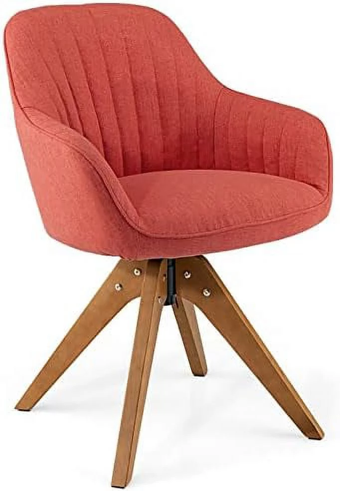 Desk Chair No Wheels, Super Easy To Install, Century Computer Desk Armchair With Linen Fabric And Soft Sponge Filling, Swivel Accent Chair For Home Office, Red