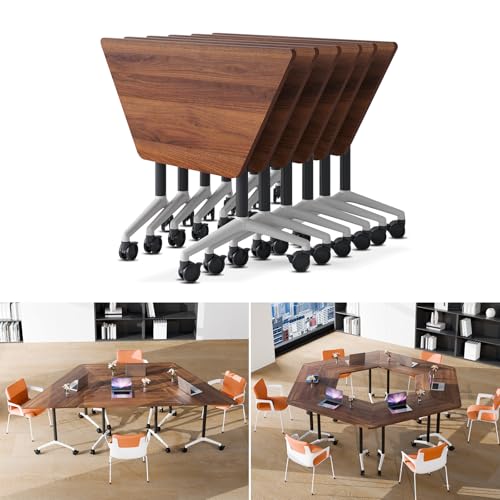 6 Pack Folding Conference Table On Wheels, 4FT Office Conference Room Tables Modular Meeting Table Trapezoid Conference Training Table for Office Classroom Meeting (6PACK)
