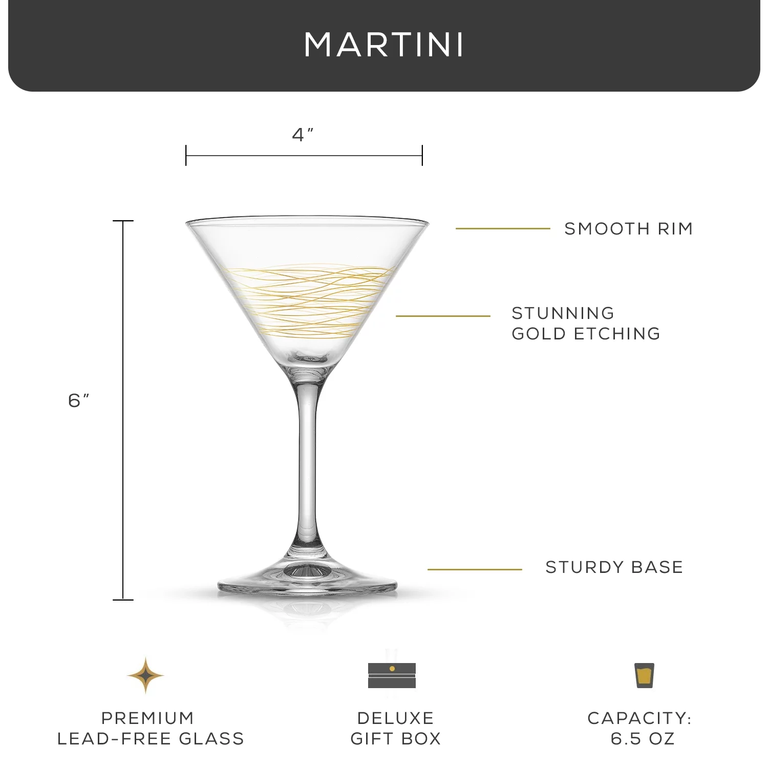 JoyJolt Golden Royale European Crystal Stemmed Martini Bar Glasses, with Gold Etching, Set of 2