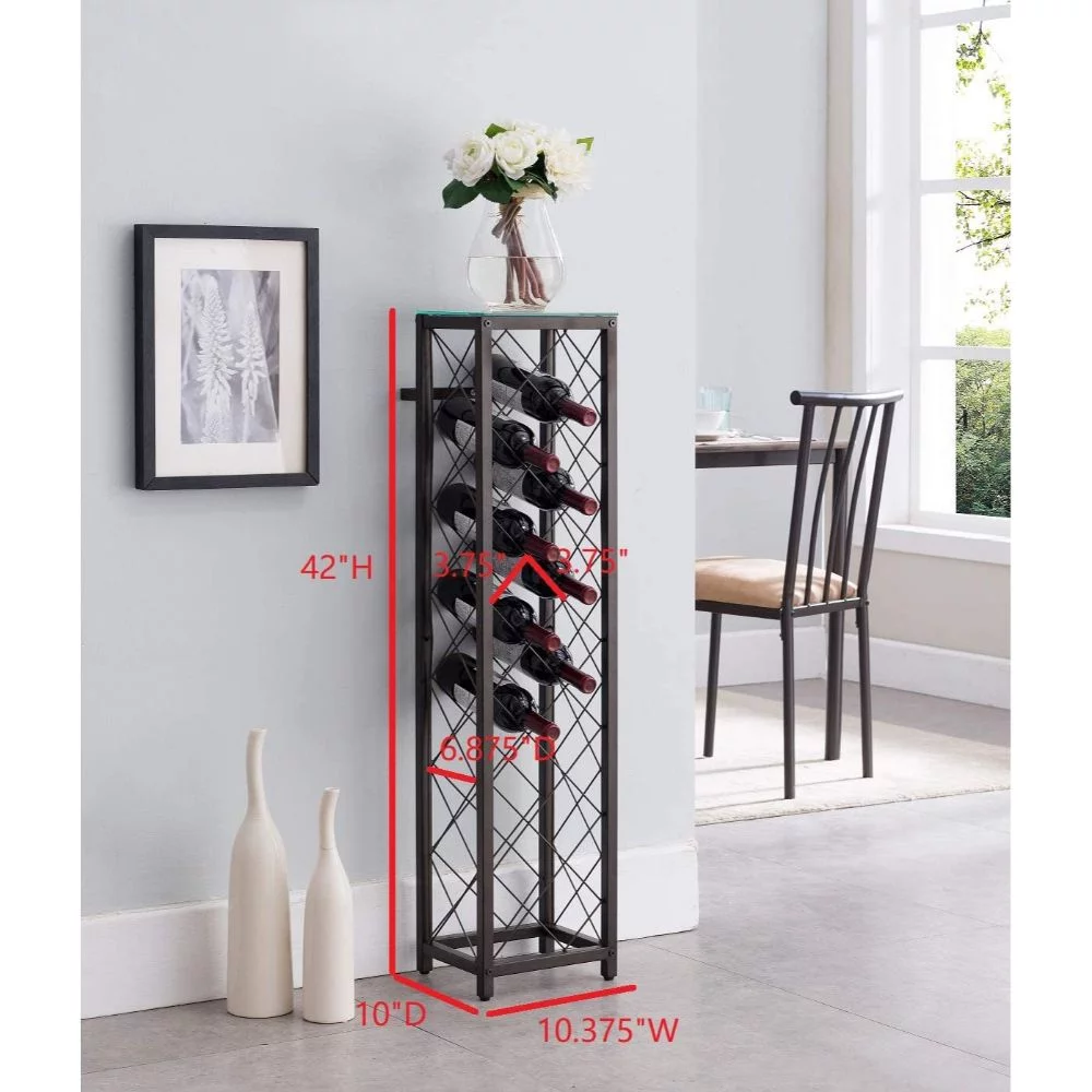 Kings Brand Furniture – Metal with Glass Top Shelf Free Standing Wine Rack Storage Tower - Holds 13 Bottles - Pewter Finish