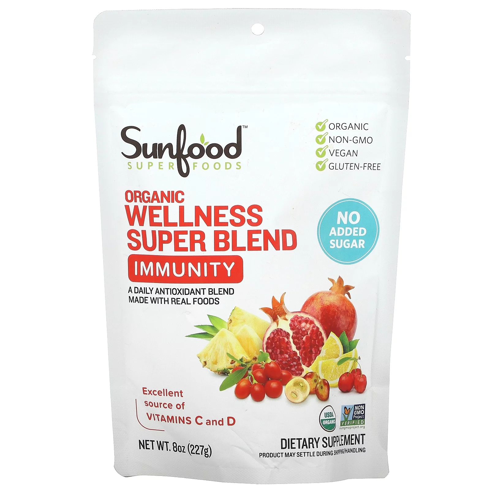 Sunfood Wellness Super Blend- Immunity Drink Powder. Immune System Booster. Organic, Plant-Based Blend of Superfoods & Mushrooms. Mix with Water. 8 oz