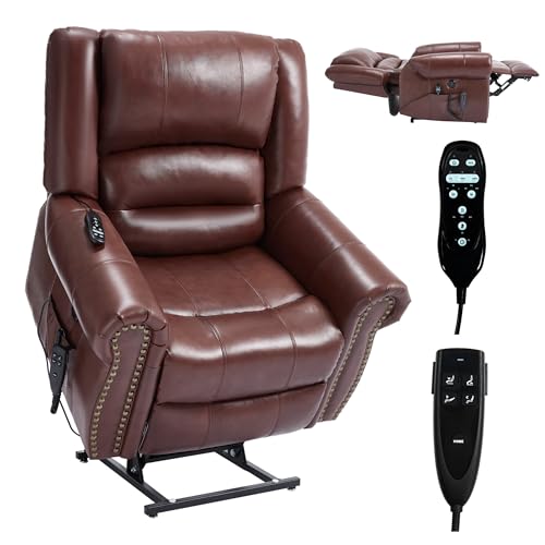 Dual Motor Power Lift Chair, Lay Flat Recliner Chair, Electric Recliner with Massage and Heat for Elderly, Remote Control, Infinite Position, Standing Assistance, USB Ports, Faux Leather, Brown