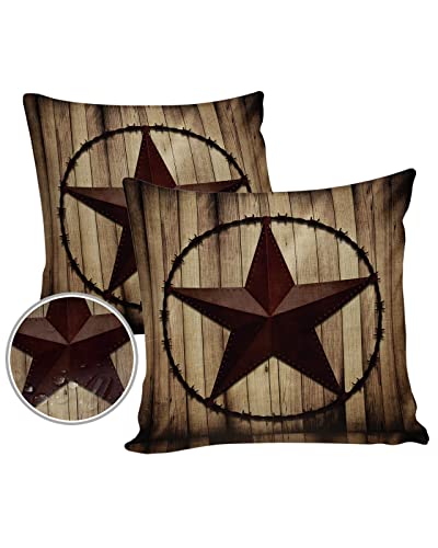 Outdoor Waterproof Throw Pillow Covers 18x18Inch, Texas Star Cushions for Garden Patio Furniture Chairs Set of 2, Farmhouse Rustic Country Wood Plank Home Decor Couch Sofa Polyester Pillow Cases
