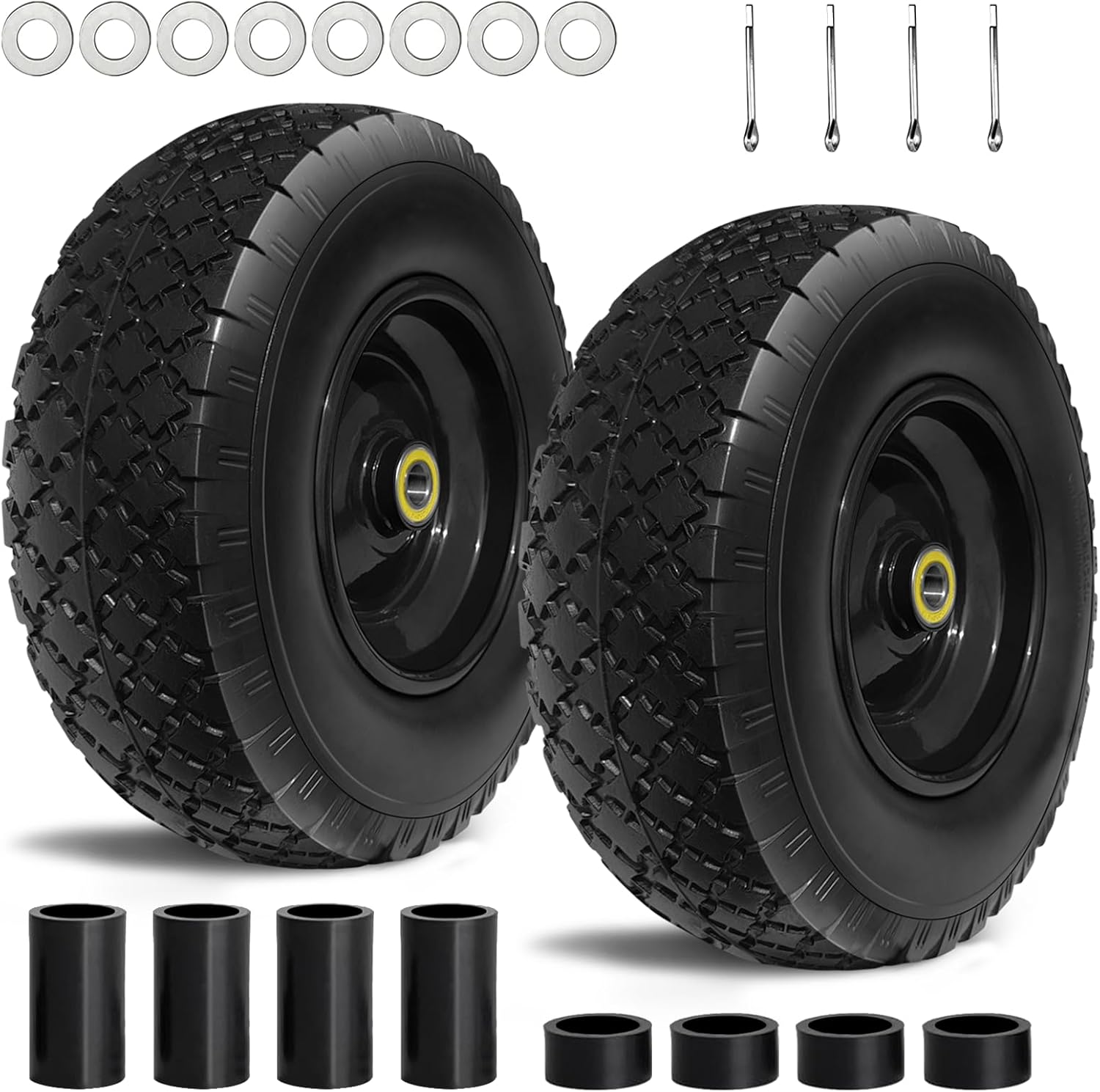 13” Tire and Wheel Flat Free, Replacement Solid Tire and Wheel Assemblies with 5/8” Axle Bore Hole and Double Sealed Bearings, 2.17-6.17inches Adjustable Centered Hub, 2 Packs