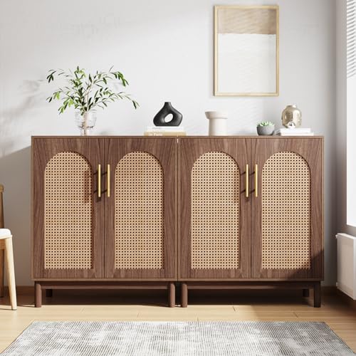 Tribesigns Set of 2 Rattan Sideboard Buffet with Storage, 59 Inch Accent Cabinet with Doors, Storage Cabinet for Dining Room, Living Room, Kitchen, Caramel Brown