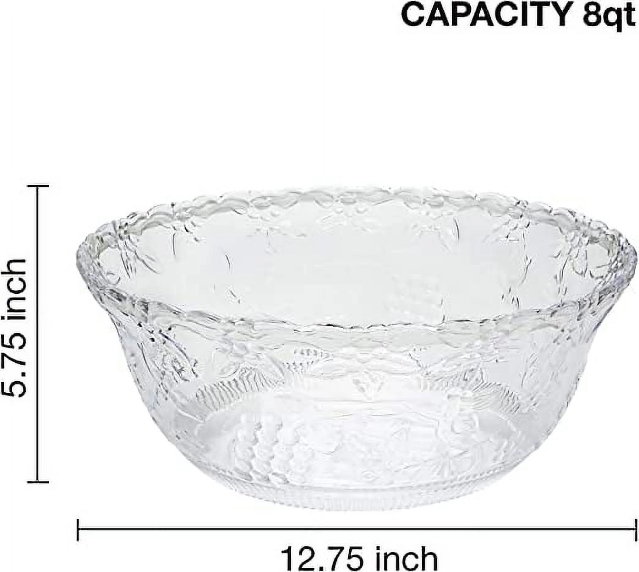 Punch Bowl with Ladle - 2 Gallon Large Clear Plastic Punch Bowl with Ladle - Embroidered Design 8 Quart Serving Bowl with 5 OZ Plastic Serving Ladle