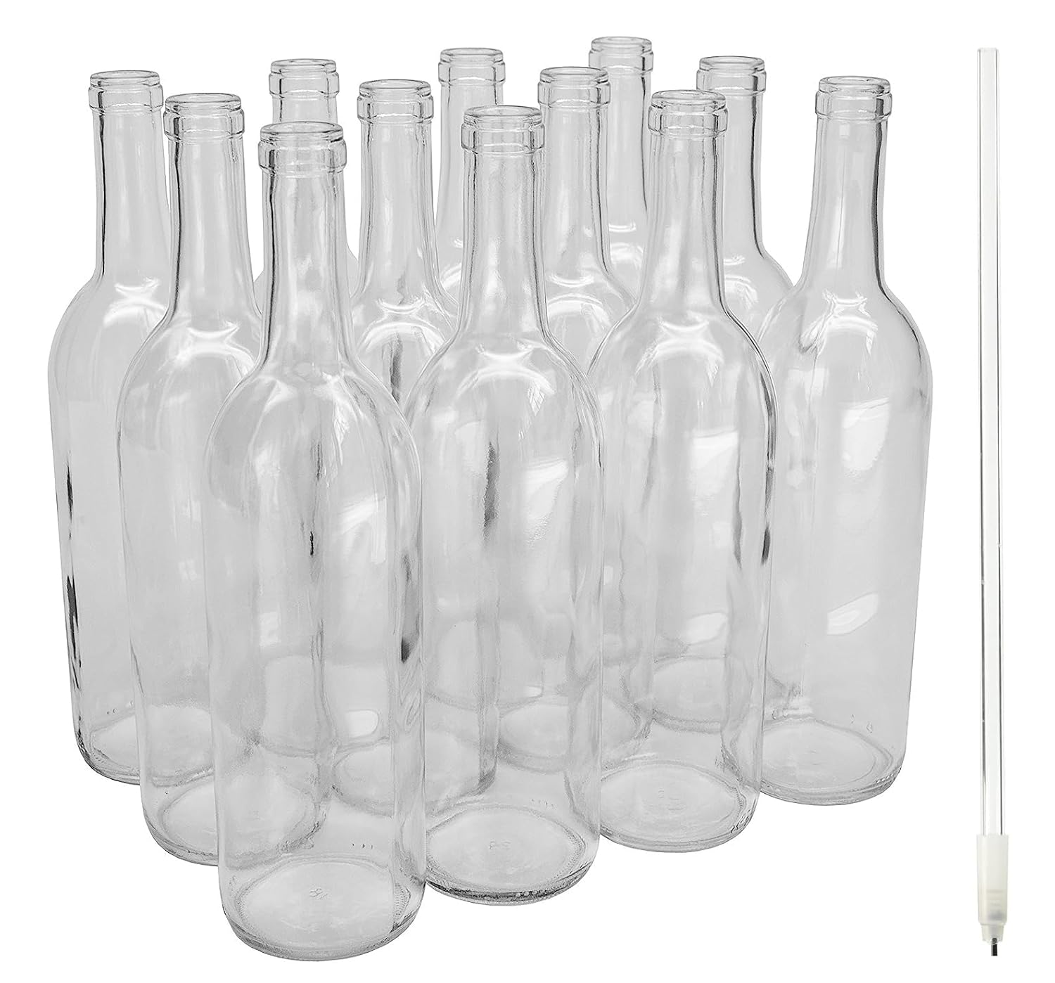 North Mountain Supply 750ml Glass Bordeaux Wine Bottle Flat-Bottomed Cork Finish -Flint/Clear - Case of 12 - with Free Bottle Filler - Shipped in a Drop-Tested Box!