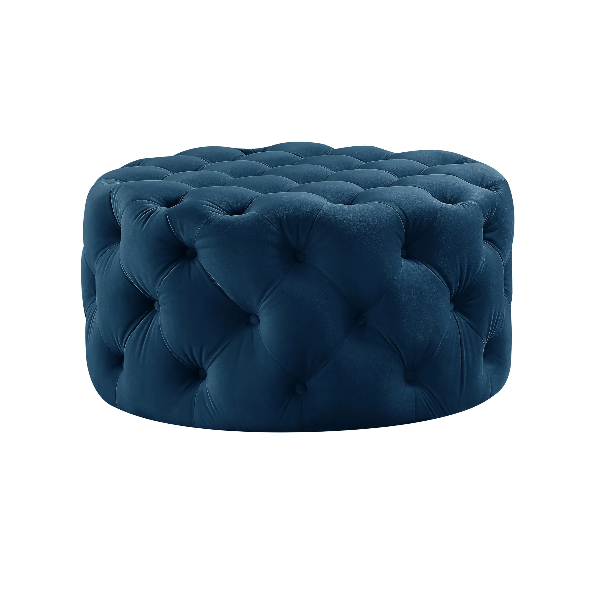 Inspired Home Tracy Velvet Cocktail Ottoman Allover Tufted Round Castered Legs Contemporary, Navy