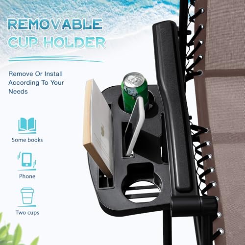 Greesum Zero Gravity Chairs Set of 2 Adjustable Steel Mesh Recliners Beach Deck Lawn Camping Patio Foldable Lounge Chair with Cup Holder Trays and Pillows,Brown