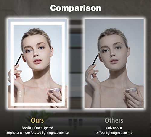 20''x28'' LED Bathroom Mirror with Front + Backlit, Tempered Glass Bathroom Mirror with Lights, Anti-Fog, 3 Colors with Stepless Dimmable Memory Bathroom Vanity Mirror for Wall, Shatterproof