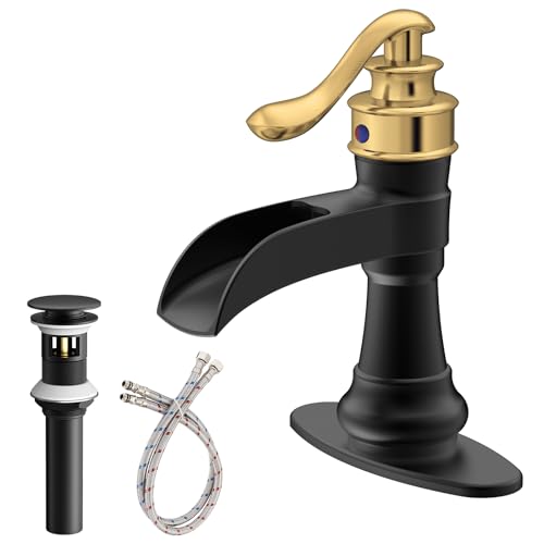 Vessel Sink Faucet, Oil Rubbed Bronze Black Bathroom Faucet, Farmhouse Waterfall Sink Faucet Single Hole with Pop Up Drain Assembly Without Overflow One Hole Mixer Tap Deck Mount