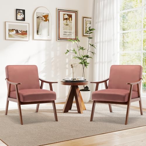 Rovibek Upholstered Accent Chair with Arms - Mid Century Modern Accent Chairs with Wood Frame, Upholstered Arm Chairs with 5.9in Thick Foam, Beige Occasional Chair, Set of 2