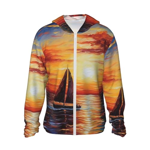UPF 50+ Sunset Sailboat Sun Protection Hoodie Jacket Quick Dry Rash Guard Long Sleeve Sun Shirt