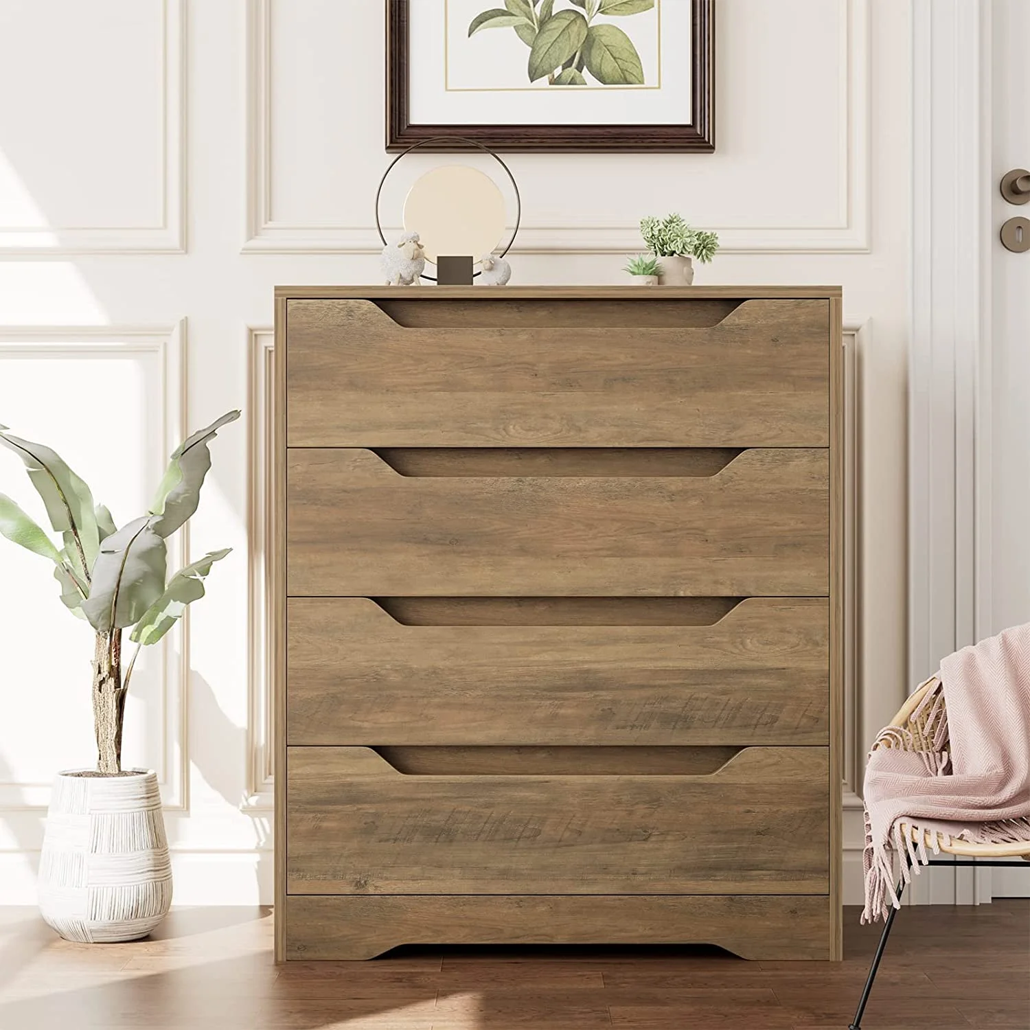 Popular HOSTACK Modern 4 Drawer Dresser  Chest of Drawers with Storage  Wood Clothing Organizer with Cut-Out Handles  Accent Storage Cabinet for Living Room  Bedroom  Hallway  Rustic Brow