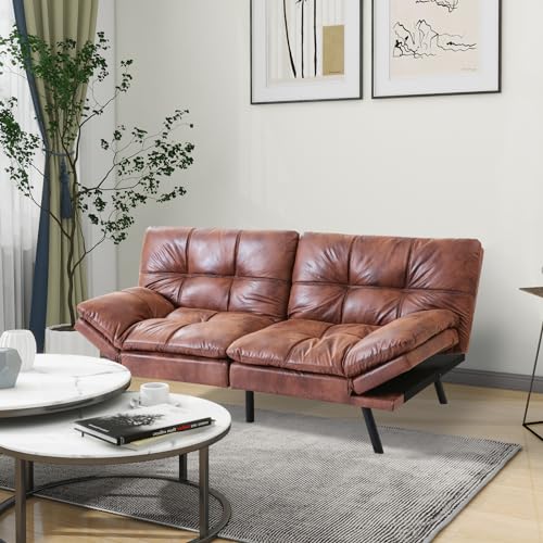 MUUEGM Faux Leather Futon Bed, Convertible Memory Foam Sofa Bed, Modern Love Seat for Living Room,Compact Space,Apartment,Office,Adjustable Backrests Armrests Couch Sleeper,71