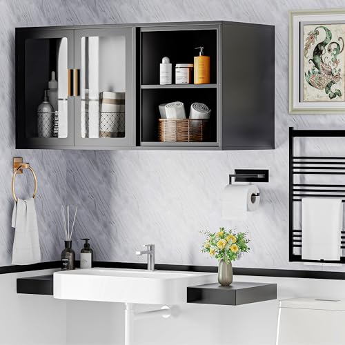 Bathroom Storage Cabinet Over Toilet Kitchen Wall Mounted Metal Cabinet with Two Glass Doors and Shelves,Small Organizer for Bedroom,13.7