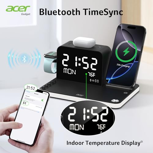 acer 7-in-1 Wireless Charging Station with Adjustable Brightness Night Light, Compatible with iPhone 16/15/14/13/12 All Series, Android Phones, AirPods, and iWatch, Fast Charger with Time Display