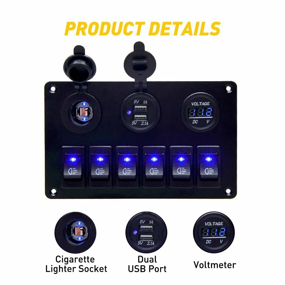 KingFurt 6 Gang Blue LED Rocker Switch Panel, Waterproof, Universal Fit for RV Car Marine Electrical System