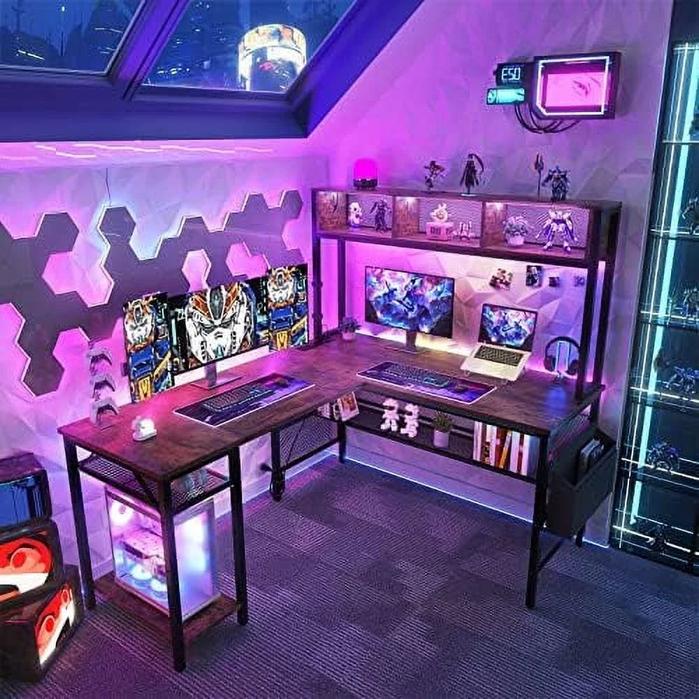 L Shaped Computer Desk with LED Strip and Power Outlets  Reversible L-Shaped Corner Desk with  Shelves and Bag  Industrial  Office Desk Gaming Table with USB Port  Pink