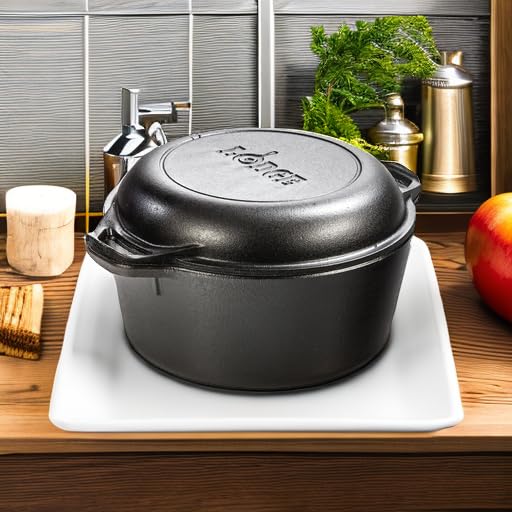 Lodge 5 Quart Cast Iron Double Dutch Oven – Pre-Seasoned – Lid Converts to 10.25