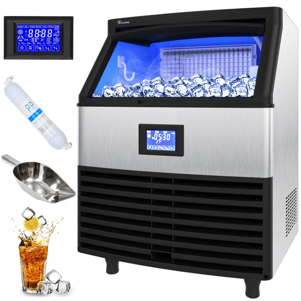 Dextrus 2023 Upgraded Commercial Ice Maker Machine 320lbs/24h with 100lbs Storage Bin, Stainless Steel Ice Scoop, Blue Light, Freestanding Ice Machine for Home, Restaurants, Bars