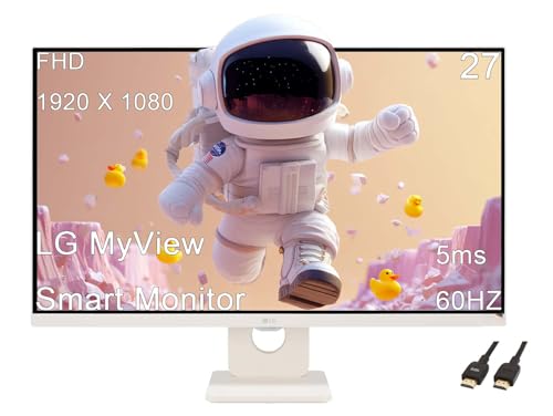 LG 27 MyView Smart Monitor, FHD IPS, 5ms, 60hz, WebOS 23, Built-in Speakers, ThinQ Home Dashboard, AirPlay 2, Screen Share, Bluetooth, HDR10, Flicker Safe, Reader Mode, White, with 5ave HDMI