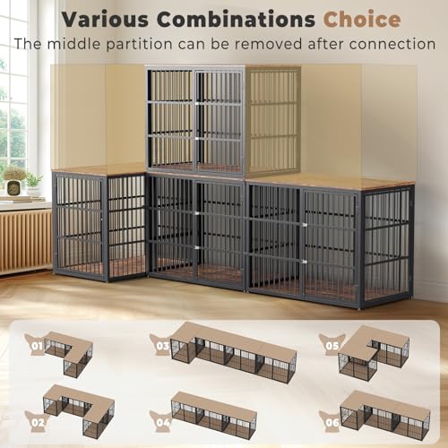 43'' Dog Crate Furniture with 3 Doors, XL Wooden Crate End Table Heavy Duty Indoor Puppy Cage for Medium to Large Dogs, Multiple Units Can be Combined