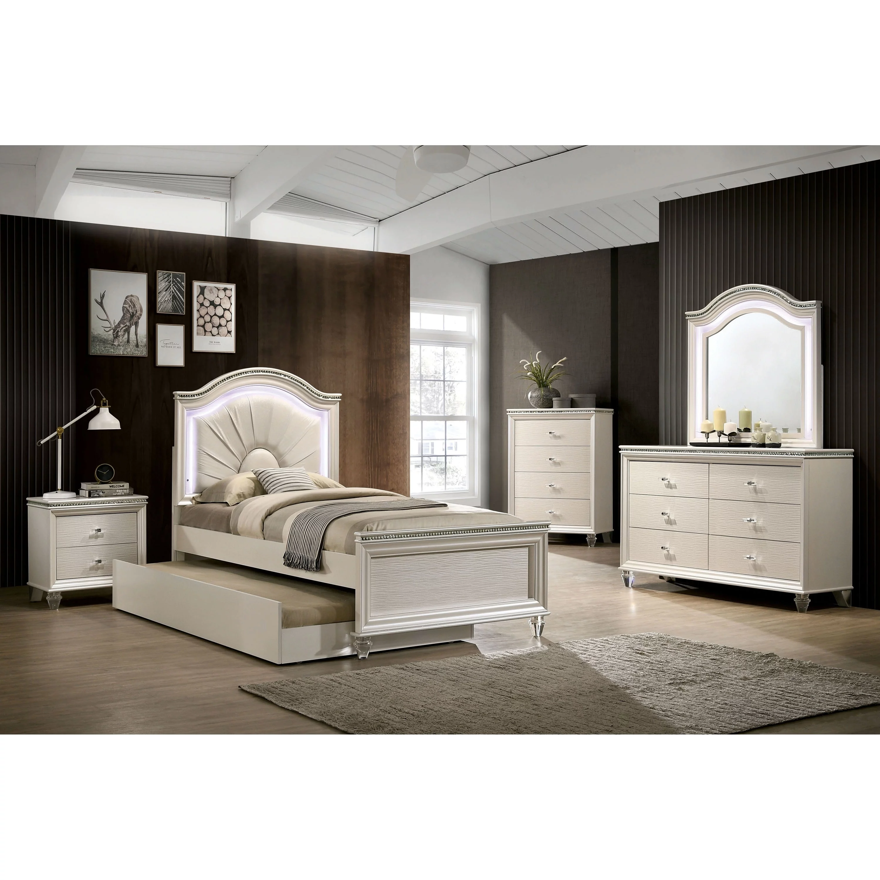 Silver Orchid  Avery Glam Pearl White Upholstered Panel Bed Full