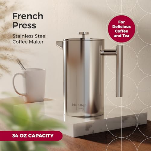 MuellerLiving French Press Coffee Maker 34oz, Stainless Steel French Press Coffee, 4 Filter Heat Resistant Double Insulated, Rust-Free, Food Grade, Dishwasher Safe Coffee Pot