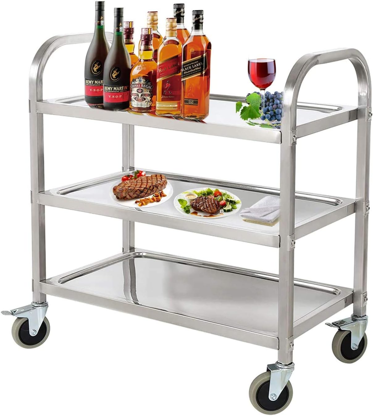 3 Tier Stainless Steel Kitchen Trolley Cart 300lbs Capacity Commercial Utility Rolling Cart Food Bottles Serving Storage Cart with Locking Wheels for Restaurant Catering Hotel Home, 30x16x33