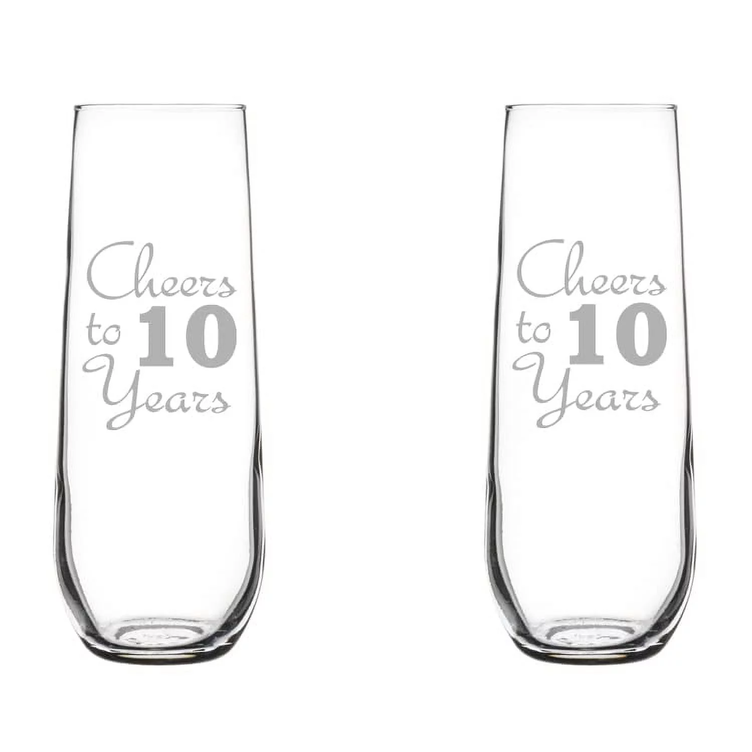 Set of 2 Glass Champagne Flutes Sparkling Wine Glasses Anniversary Cheers 10 Years (8.5 oz Stemless)