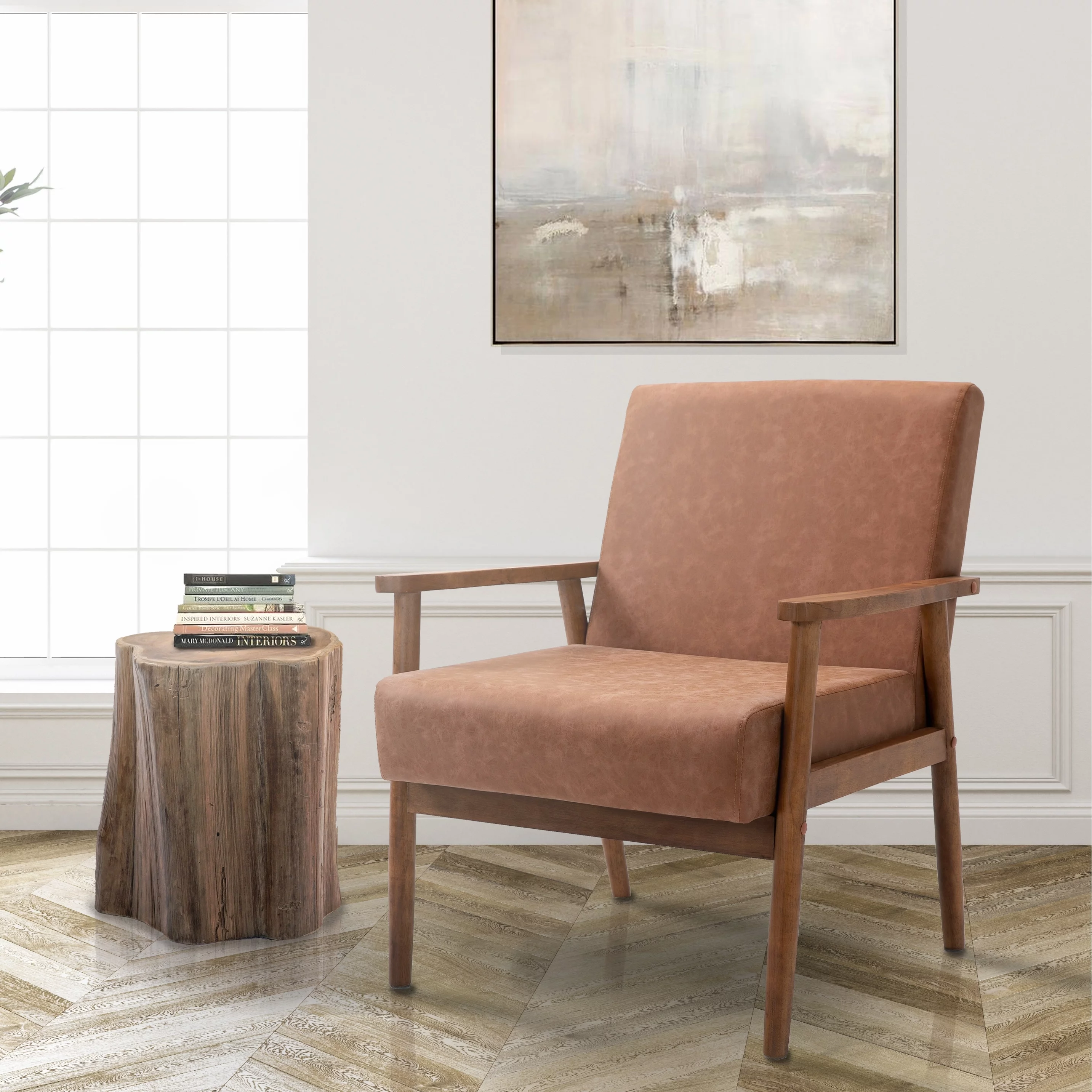 Mid-century Modern Solid Wood Armchair Brown Leather Wood Faux Leather